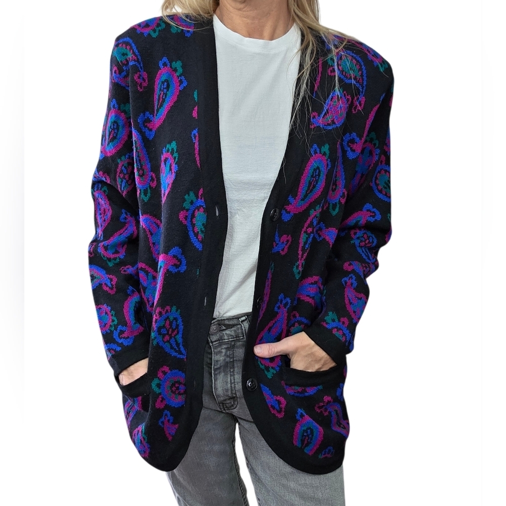 Vintage Charter Club Paisley Cardigan Wool Blend 90s Y2K Longline Sweater M - Picture 3 of 8